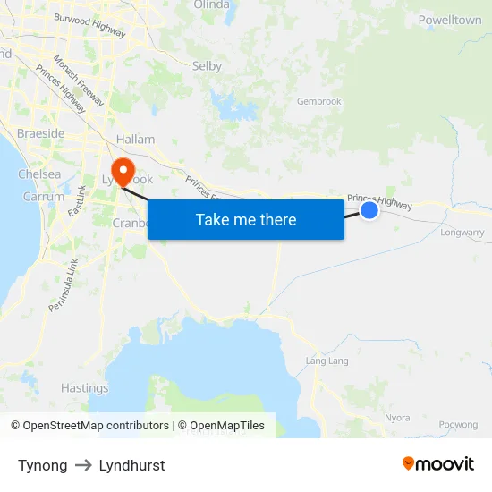 Tynong to Lyndhurst map