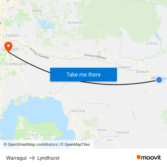 Warragul to Lyndhurst map