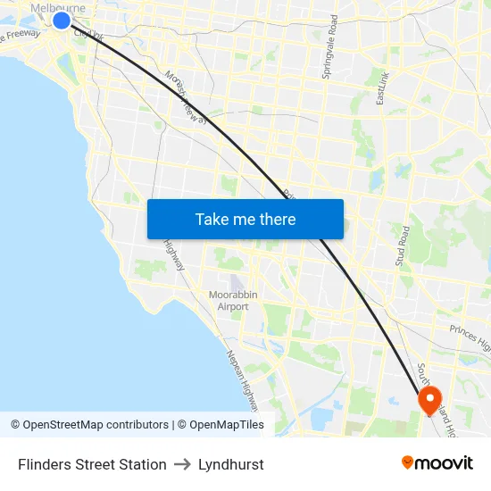 Flinders Street Station to Lyndhurst map