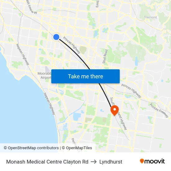 Monash Medical Centre Clayton Rd to Lyndhurst map