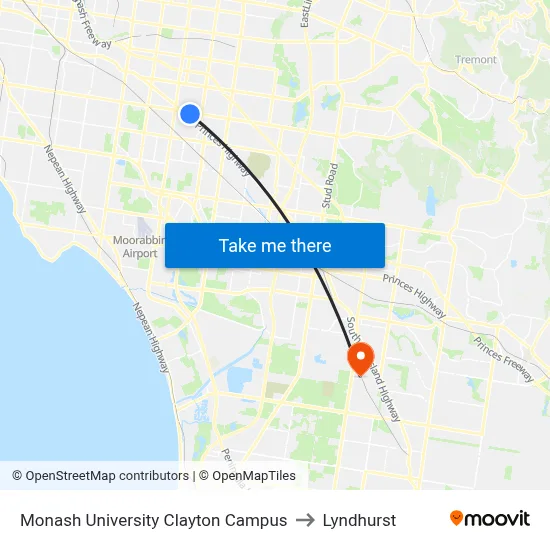 Monash University Clayton Campus to Lyndhurst map