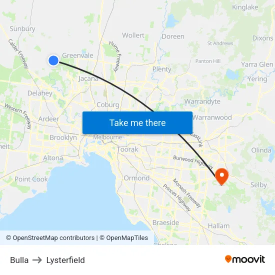 Bulla to Lysterfield map