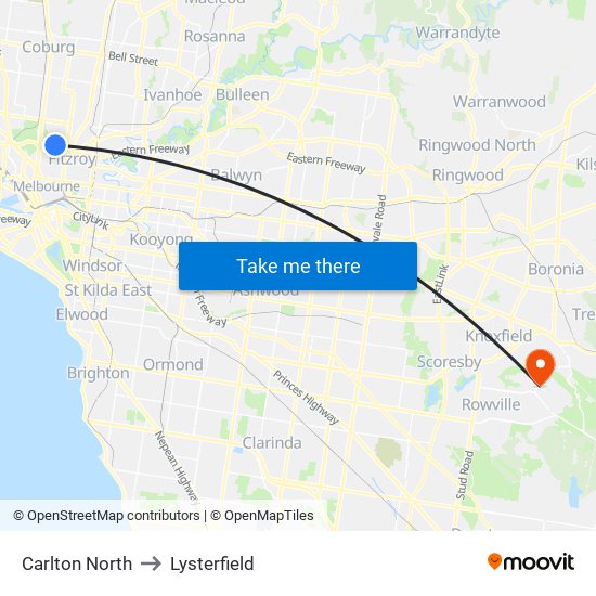 Carlton North to Lysterfield map