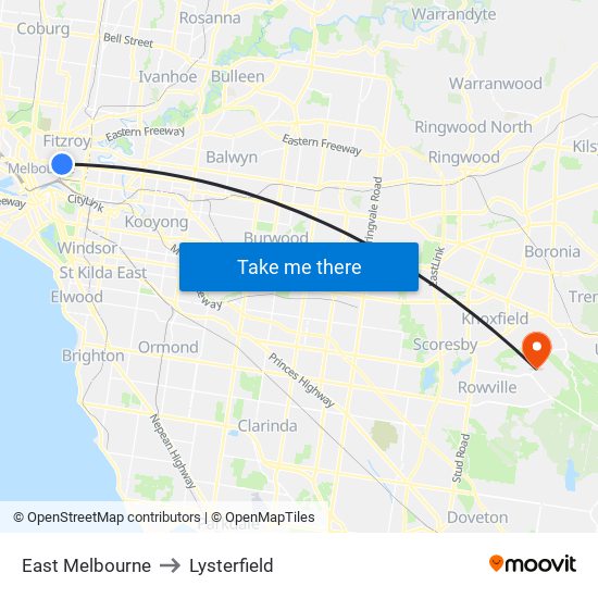 East Melbourne to Lysterfield map