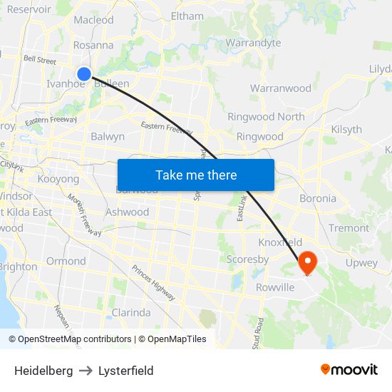 Heidelberg to Lysterfield map