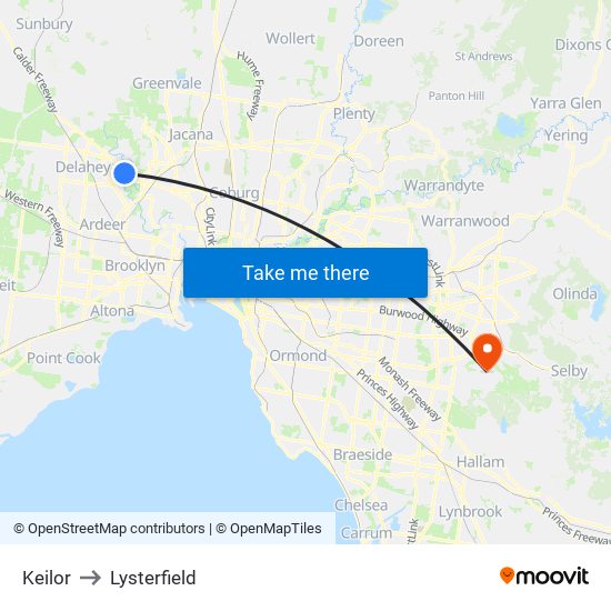 Keilor to Lysterfield map