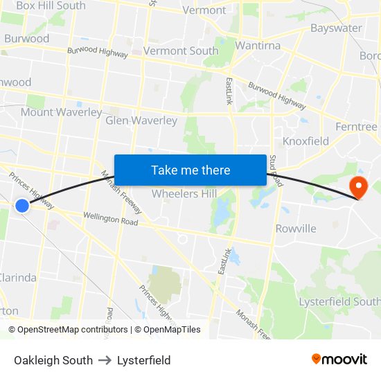 Oakleigh South to Lysterfield map