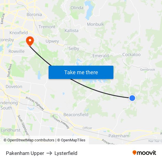 Pakenham Upper to Lysterfield map