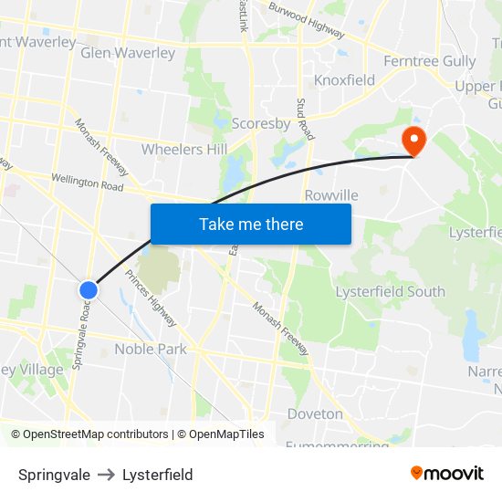 Springvale to Lysterfield map