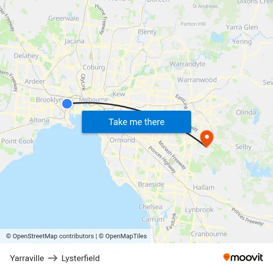 Yarraville to Lysterfield map