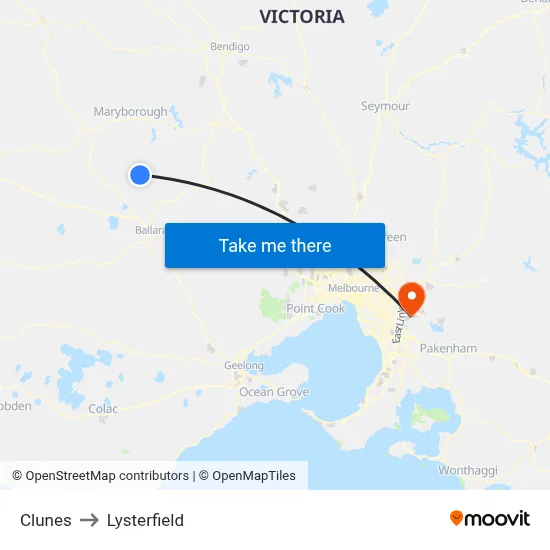 Clunes to Lysterfield map