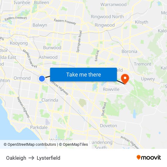 Oakleigh to Lysterfield map