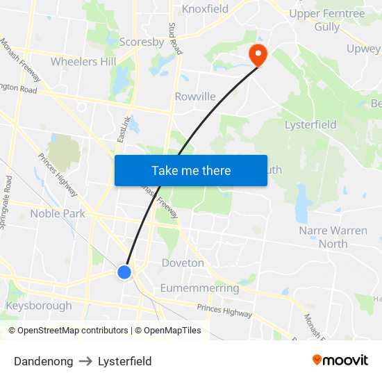 Dandenong to Lysterfield map