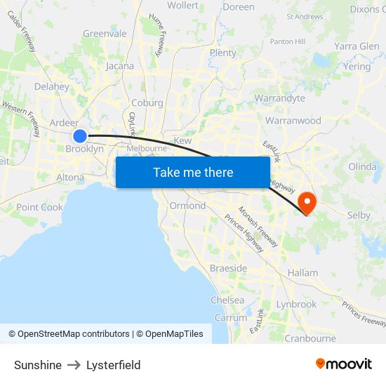 Sunshine to Lysterfield map