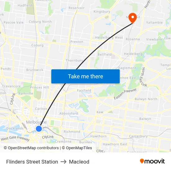 Flinders Street Station to Macleod map