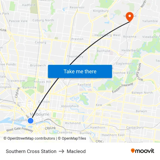 Southern Cross Station to Macleod map