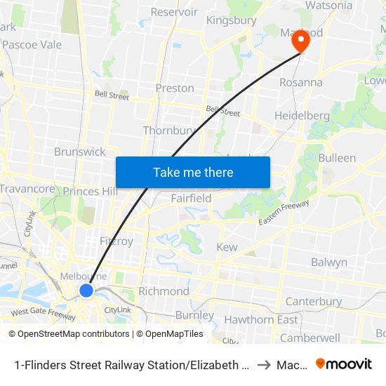 1-Flinders Street Railway Station/Elizabeth St (Melbourne City) to Macleod map