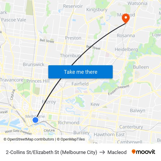 2-Collins St/Elizabeth St (Melbourne City) to Macleod map