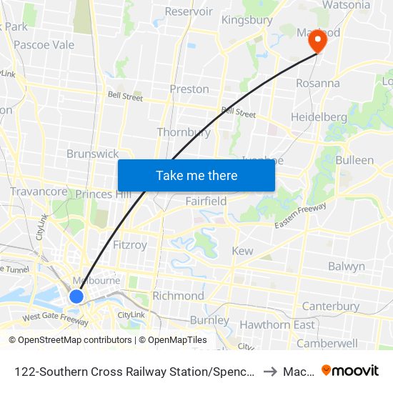 122-Southern Cross Railway Station/Spencer St (Melbourne City) to Macleod map