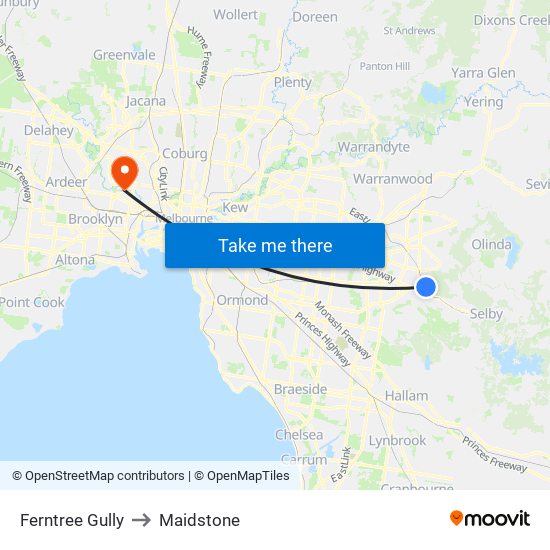 Ferntree Gully to Maidstone map