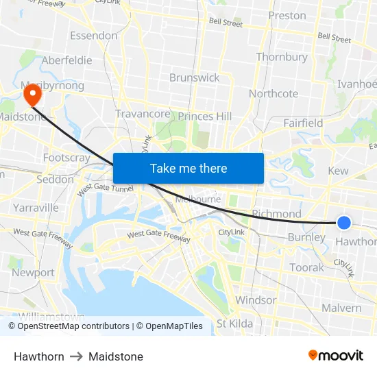 Hawthorn to Maidstone map
