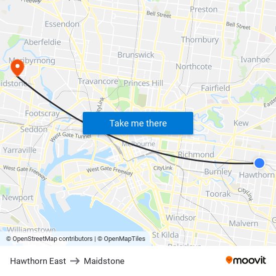 Hawthorn East to Maidstone map