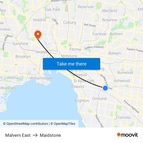 Malvern East to Maidstone map