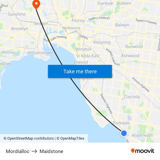 Mordialloc to Maidstone map