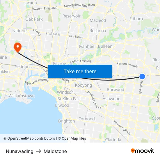 Nunawading to Maidstone map