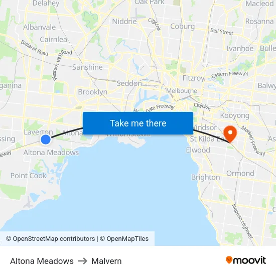 Altona Meadows to Malvern map