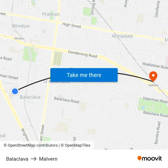 Balaclava to Malvern map