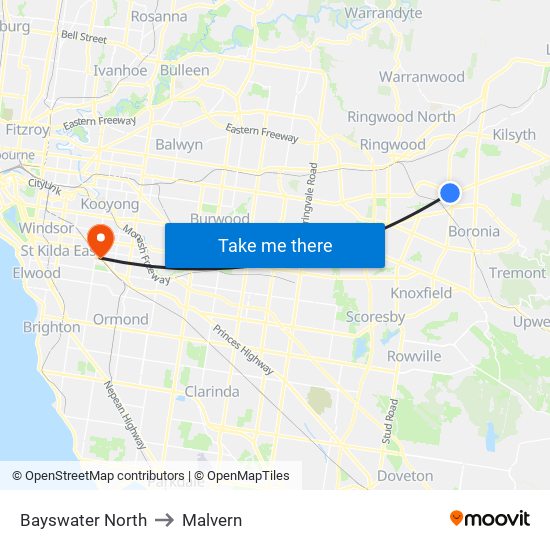 Bayswater North to Malvern map