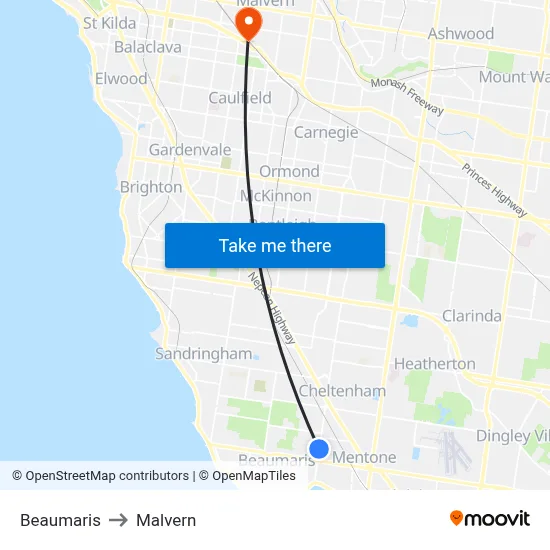Beaumaris to Malvern map