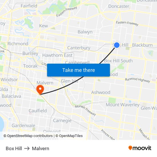 Box Hill to Malvern map