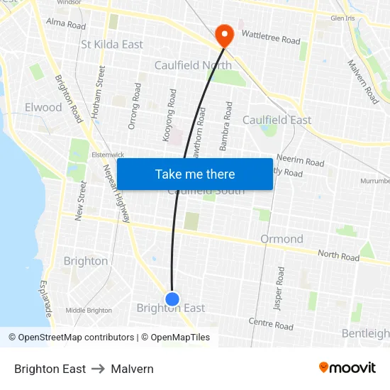 Brighton East to Malvern map