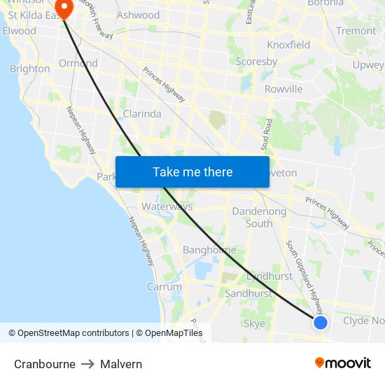 Cranbourne to Malvern map