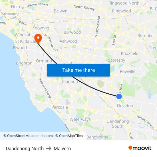 Dandenong North to Malvern map