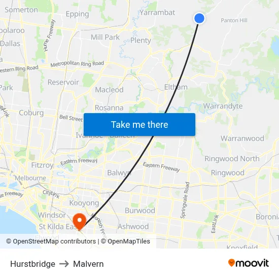Hurstbridge to Malvern map