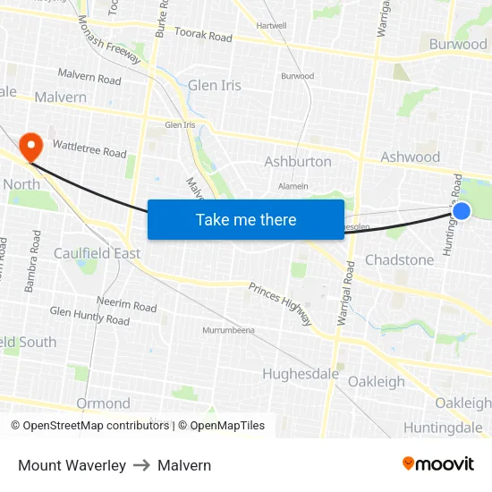 Mount Waverley to Malvern map