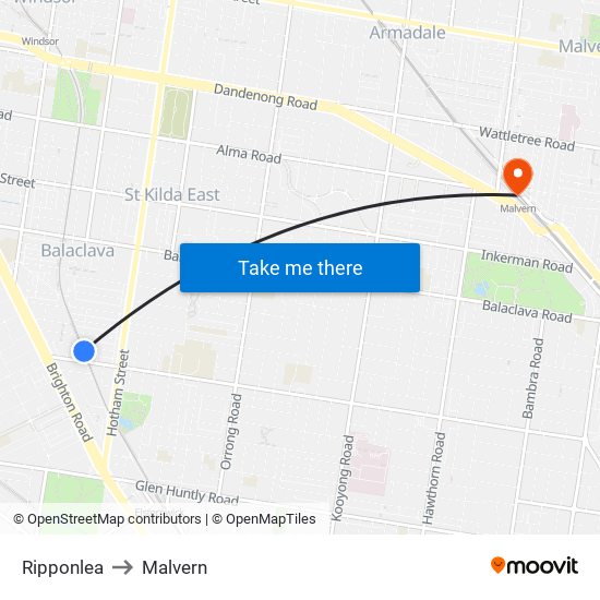 Ripponlea to Malvern map