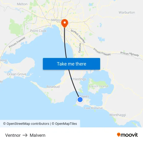 Ventnor to Malvern map