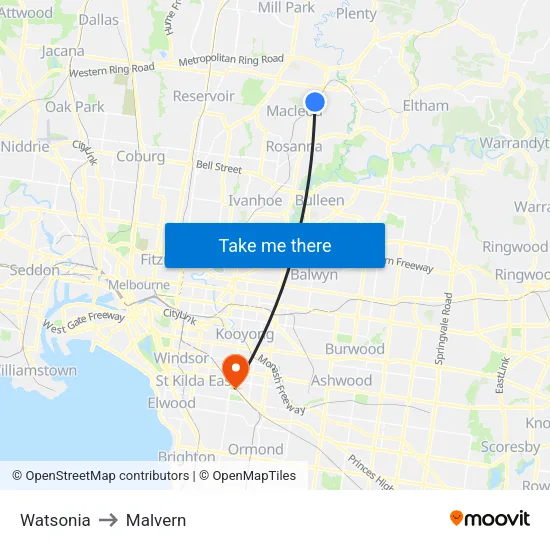 Watsonia to Malvern map