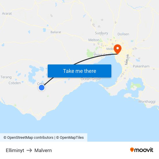 Elliminyt to Malvern map