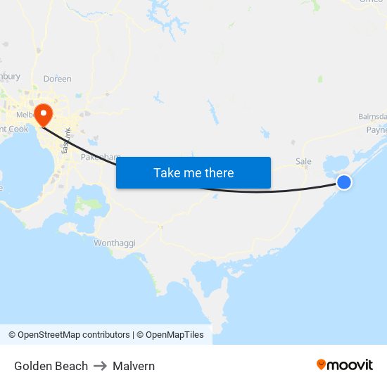 Golden Beach to Malvern map