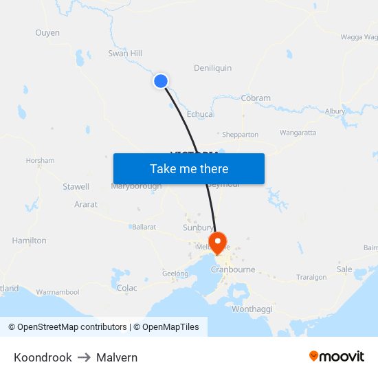 Koondrook to Malvern map