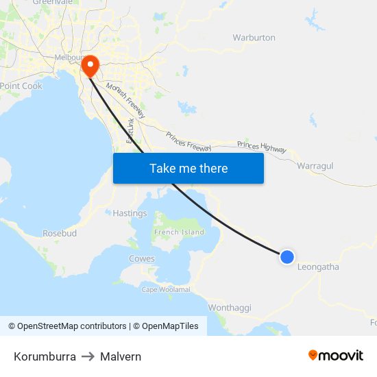 Korumburra to Malvern map