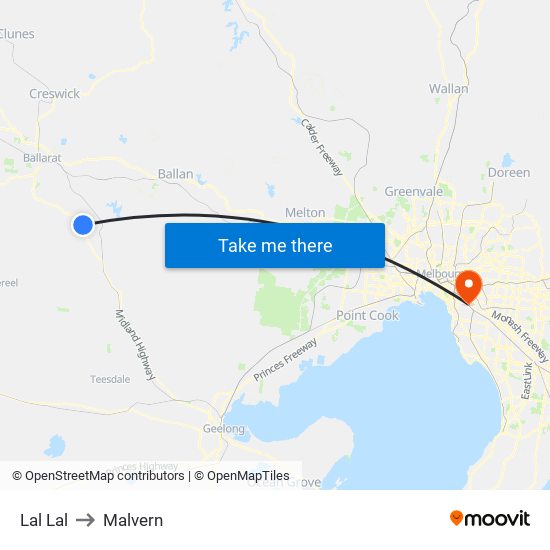 Lal Lal to Malvern map