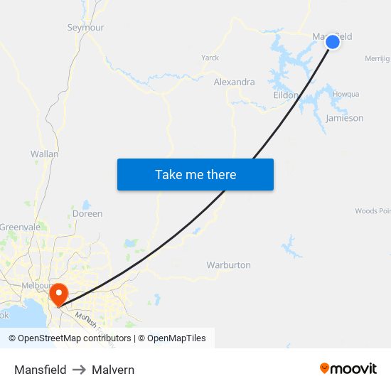 Mansfield to Malvern map