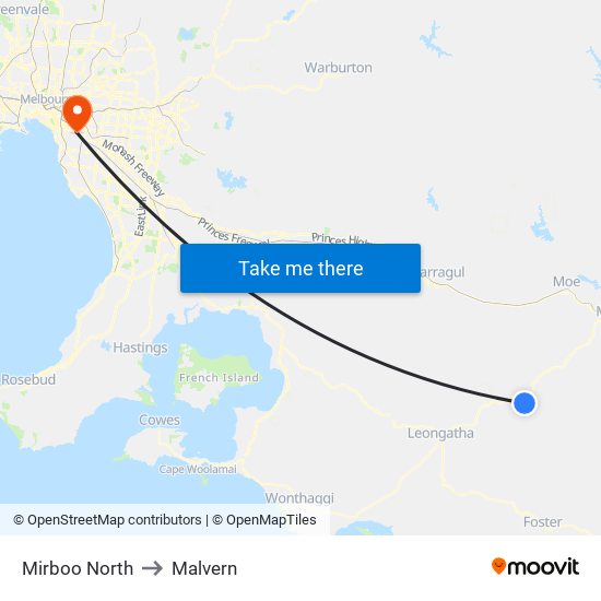 Mirboo North to Malvern map