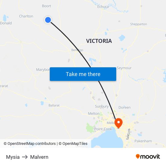 Mysia to Malvern map